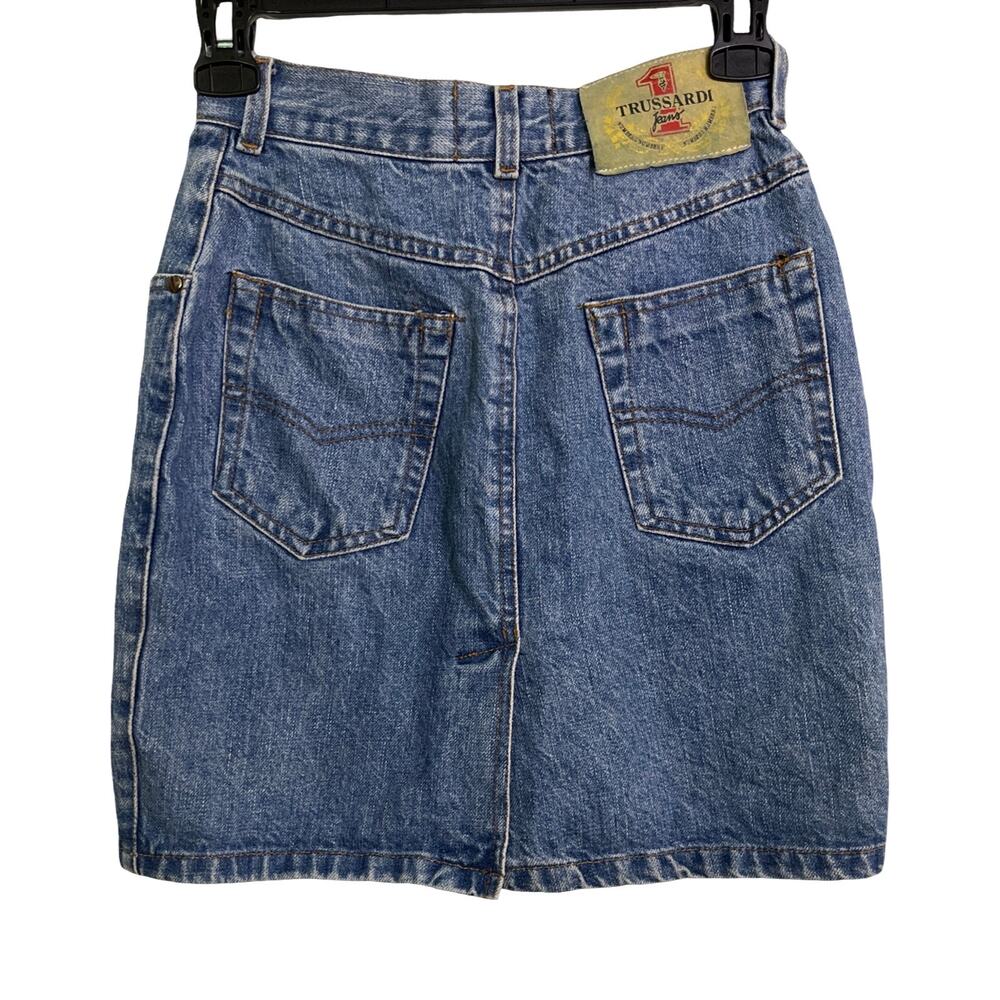 Trussardi Jeans Denim Mini Skirt Embroidered Logo Italy Vintage Size 26 90's Y2K - Picture 6 of 7